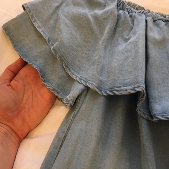 Zara Ruffled Off-the-shoulder Chambray Mini Dress - Picture 4 of 8